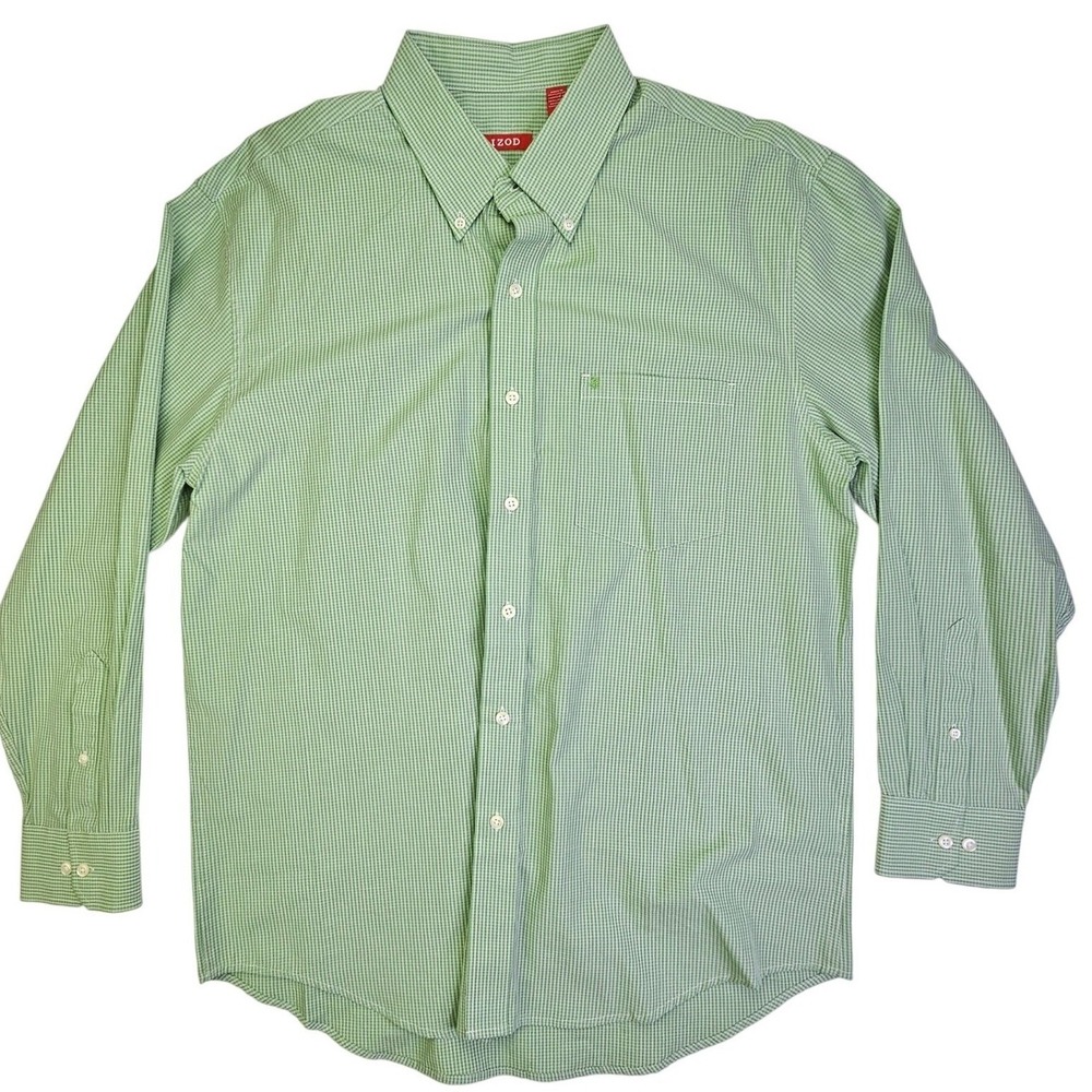 IZOD Mens Green Micro Check Button Down Long‎ Sleeve Shirt Large 490295